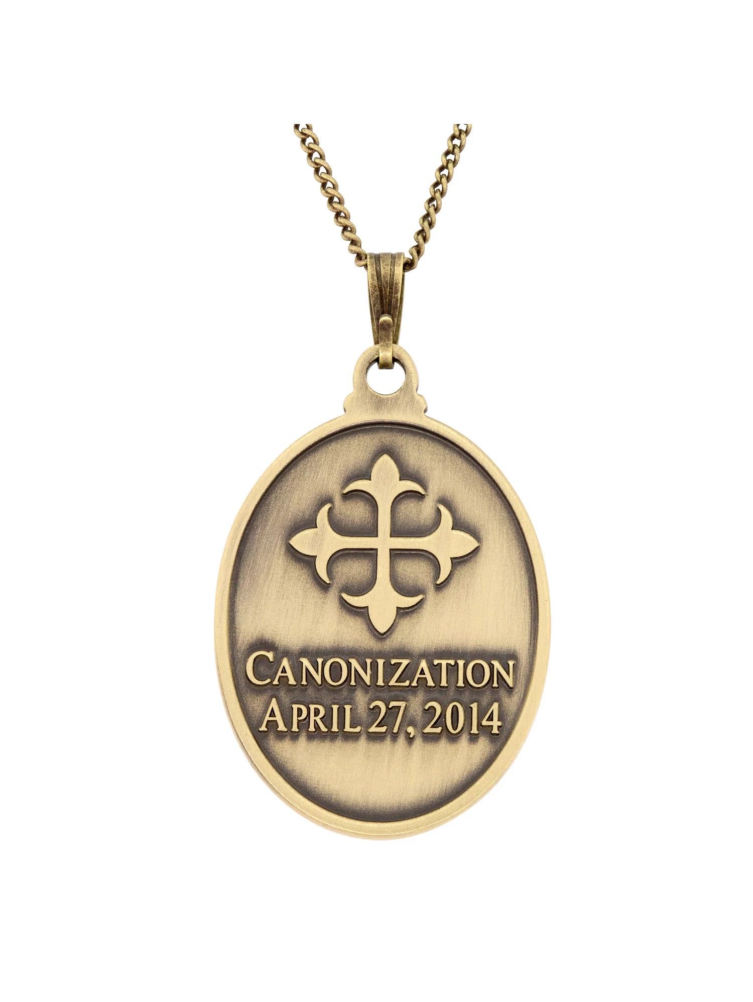 Backside of the Saint John Paul II necklace pendant, showing canonization date of April 27, 2014.