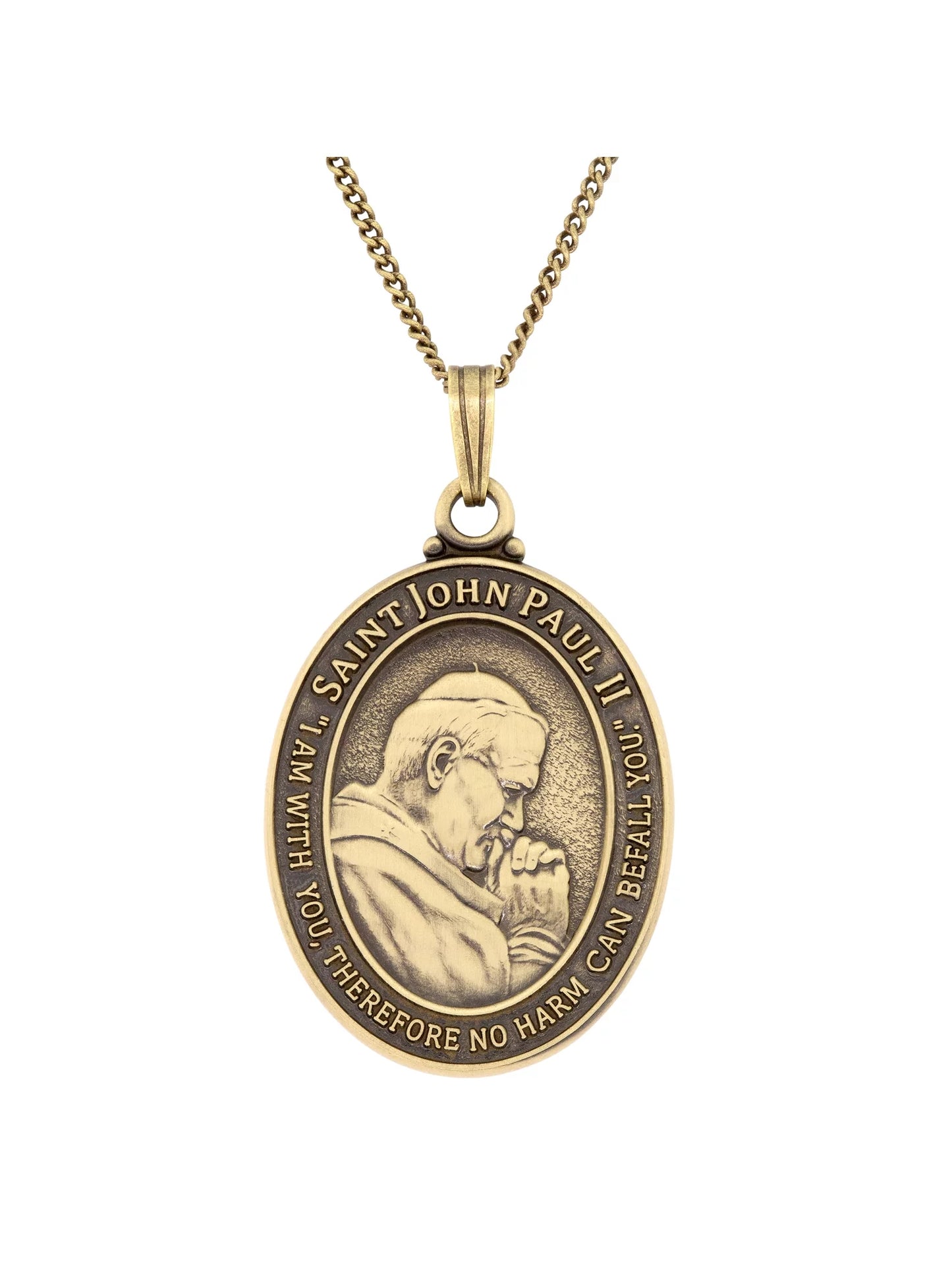 A 24K antique gold plated Saint John Paul II medal pendant with a round design, featuring an image of the saint and religious scripture on the front, and a date on the back.