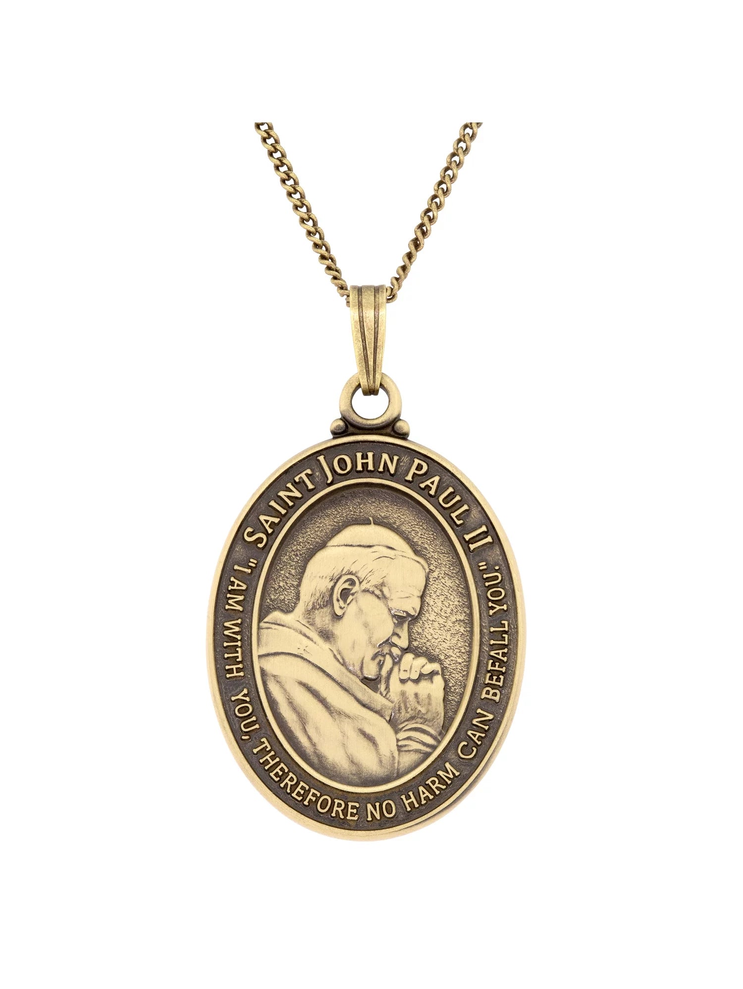 A 24K antique gold plated Saint John Paul II medal pendant with a round design, featuring an image of the saint and religious scripture on the front, and a date on the back.