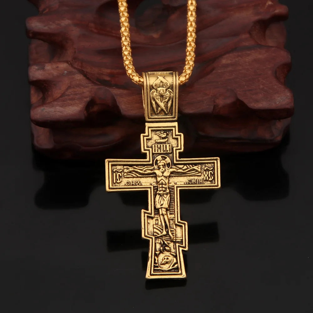 John Wick Gold Cross Necklace – Orthodox Crucifix Pendant with Link Chain (Unisex)
