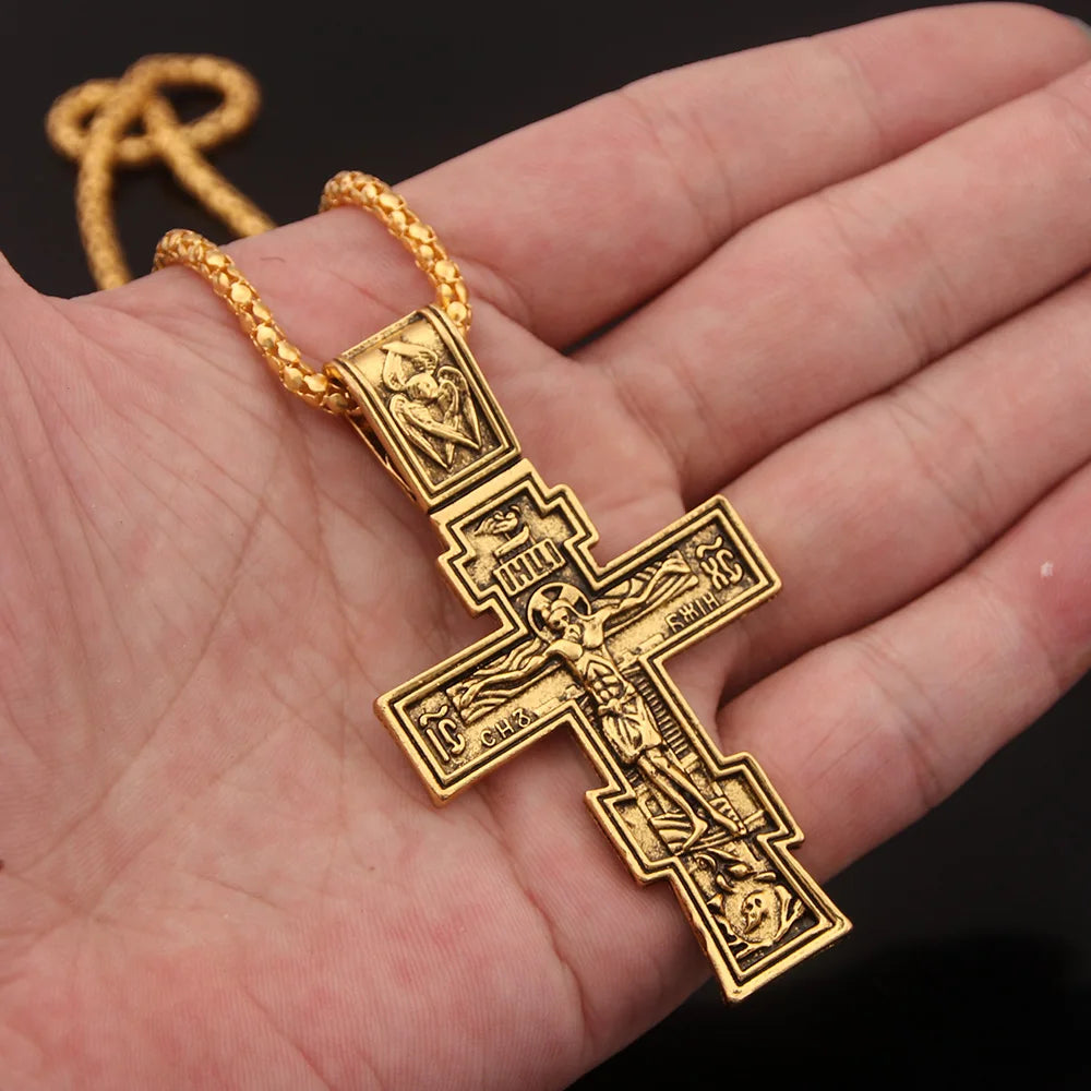 John Wick Gold Cross Necklace – Orthodox Crucifix Pendant with Link Chain (Unisex)