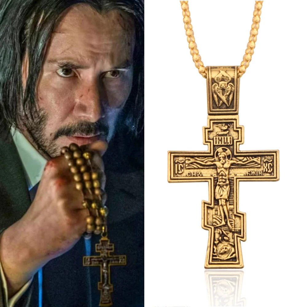 John Wick Gold Cross Necklace – Orthodox Crucifix Pendant with Link Chain (Unisex)