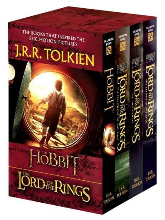 Angled image of the 'J.R.R. Tolkien Middle-Earth Legendarium (4) Book Boxed Set' with alternate case, featuring slip=case and book spines of all four books.