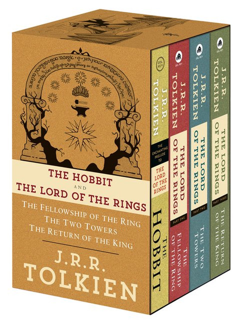 Angled image of the 'J.R.R. Tolkien Middle-Earth Legendarium (4) Book Boxed Set' featuring slip=case and book spines of all four books.