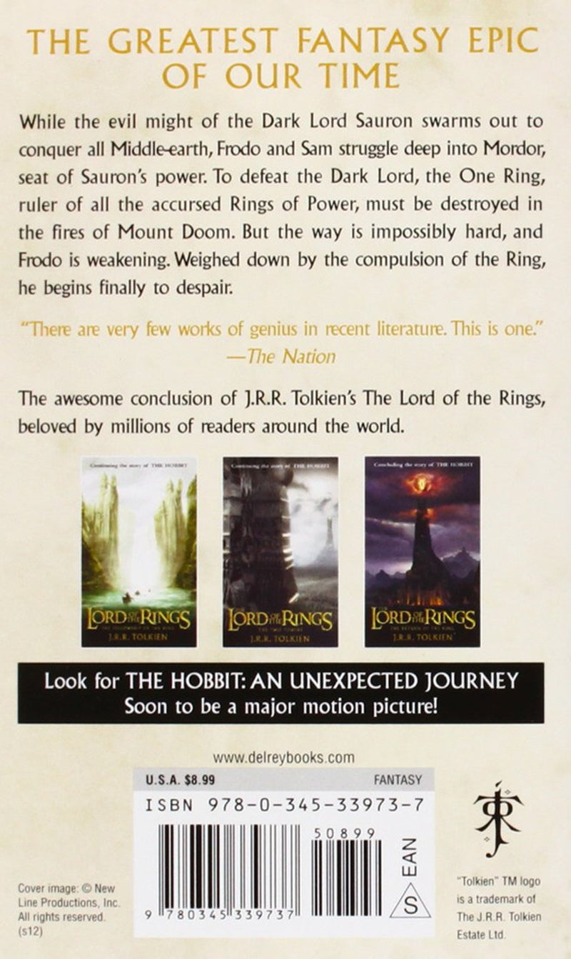 Book back cover of 'The Return of the King: The Lord of the Ring Part Three' as part of the "J.R.R. Tolkien Middle-Earth Legendarium (4) Book Boxed Set" and featuring book ISBN, barcode, synopsis, publisher imprint and book data.