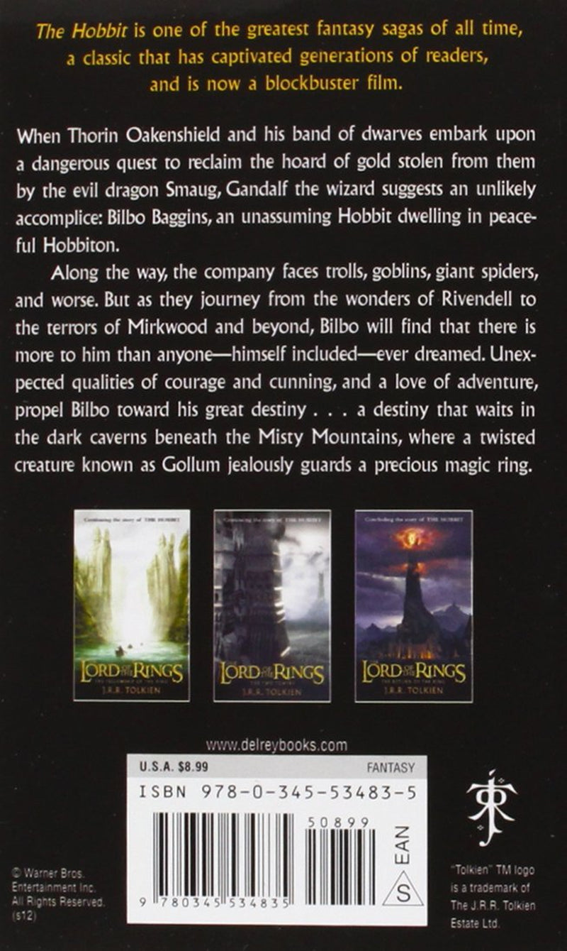 Book back cover of 'The Hobbit: Movie Tie-in Edition' as part of the "J.R.R. Tolkien Middle-Earth Legendarium (4) Book Boxed Set" and featuring book ISBN, barcode, synopsis, publisher imprint and book data.
