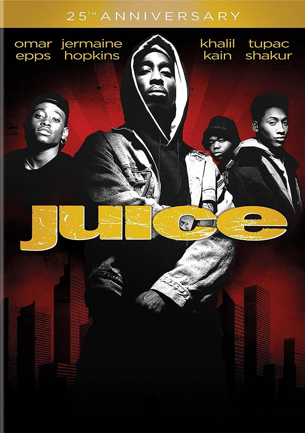 Front over of 'Juice' DVD. Twenty-Fifth Anniversary Edition, featuring Tupac Shakur and other main cast members in black, white and red with golden lettering and accents.