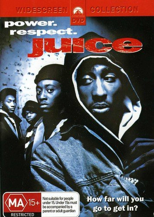 Front cover of 'Juice: Widescreen Edition DVD' with Tupac Shakur, Omar Epps, and the primary four main characters of the movie. in black and blue with red and white text.