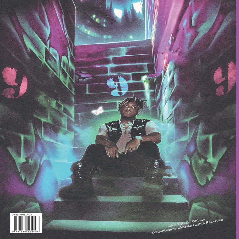 Back cover of coloring book 'Juice WRLD 999: Official Lean Wit Me Legends Coloring Book' featuring Juice WRLD staring at the sky and sitting on a stoop.