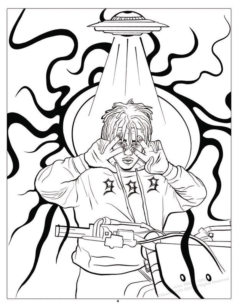 Juice WRLD line art example page from book 'Juice WRLD 999: Official Lean Wit Me Legends Coloring Book' showing no color, in black and white. 