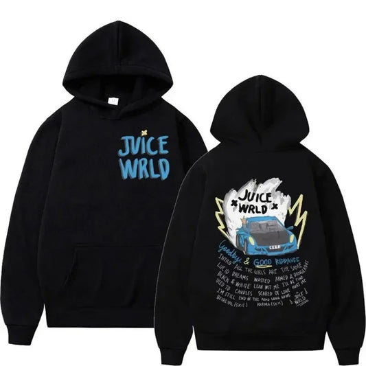 Black hoodie with 'Juice Wrld' text on the front and graphic design on the back.