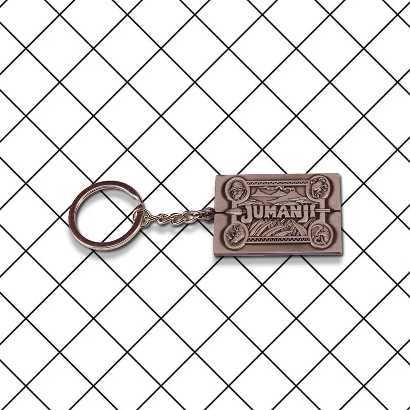 Jumanji keychain on a grid background