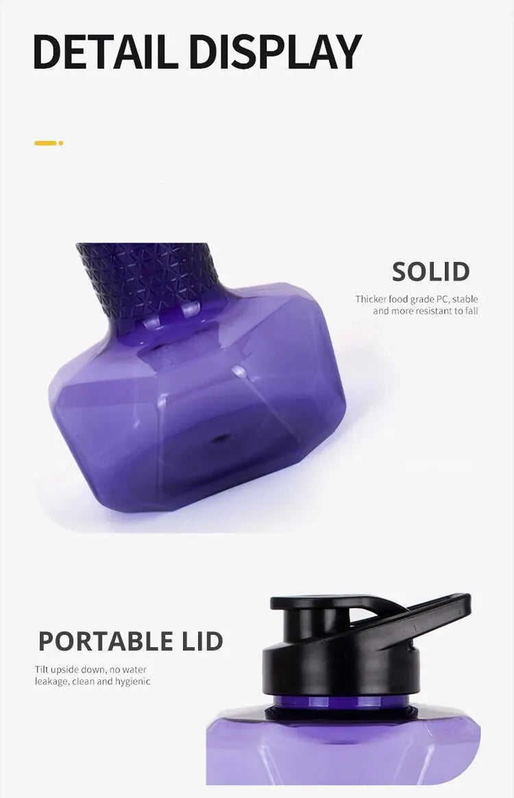 Purple dumbbell water bottle with black lid on a white background