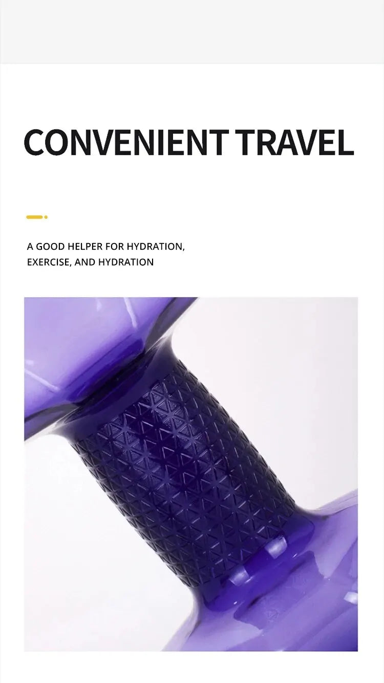 Close-up of a purple water bottle with text about convenience and hydration.