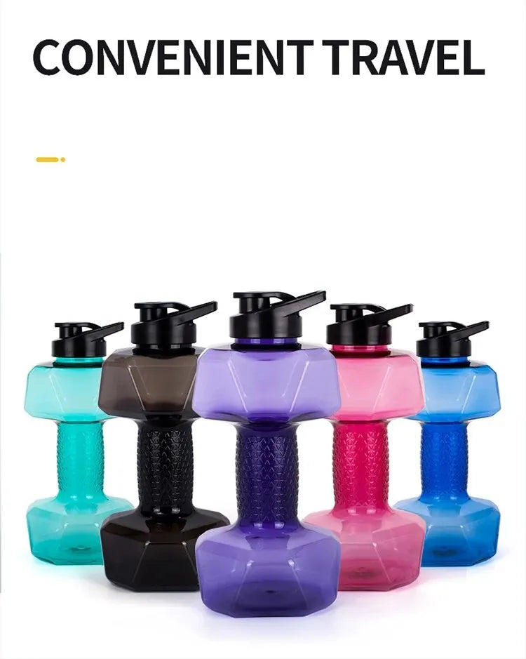 Five colorful water bottles with black lids on a white background, labeled 'Convenient Travel'.