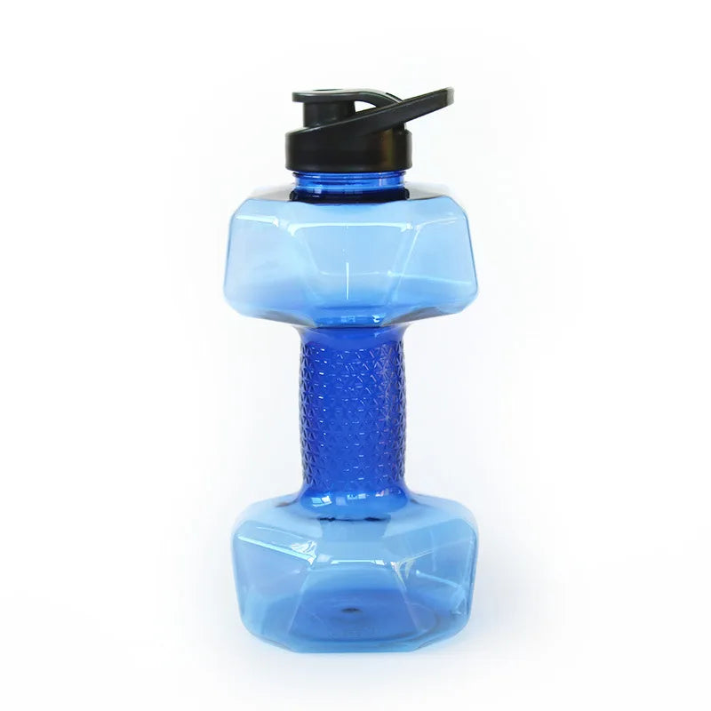 Blue water bottle shaped like a dumbbell on a white background