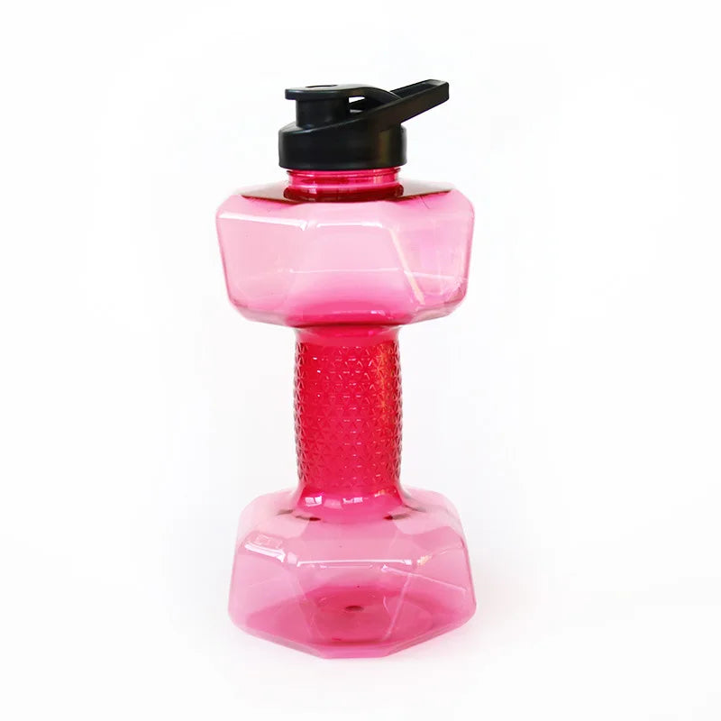 Pink dumbbell-shaped water bottle with black cap on a white background