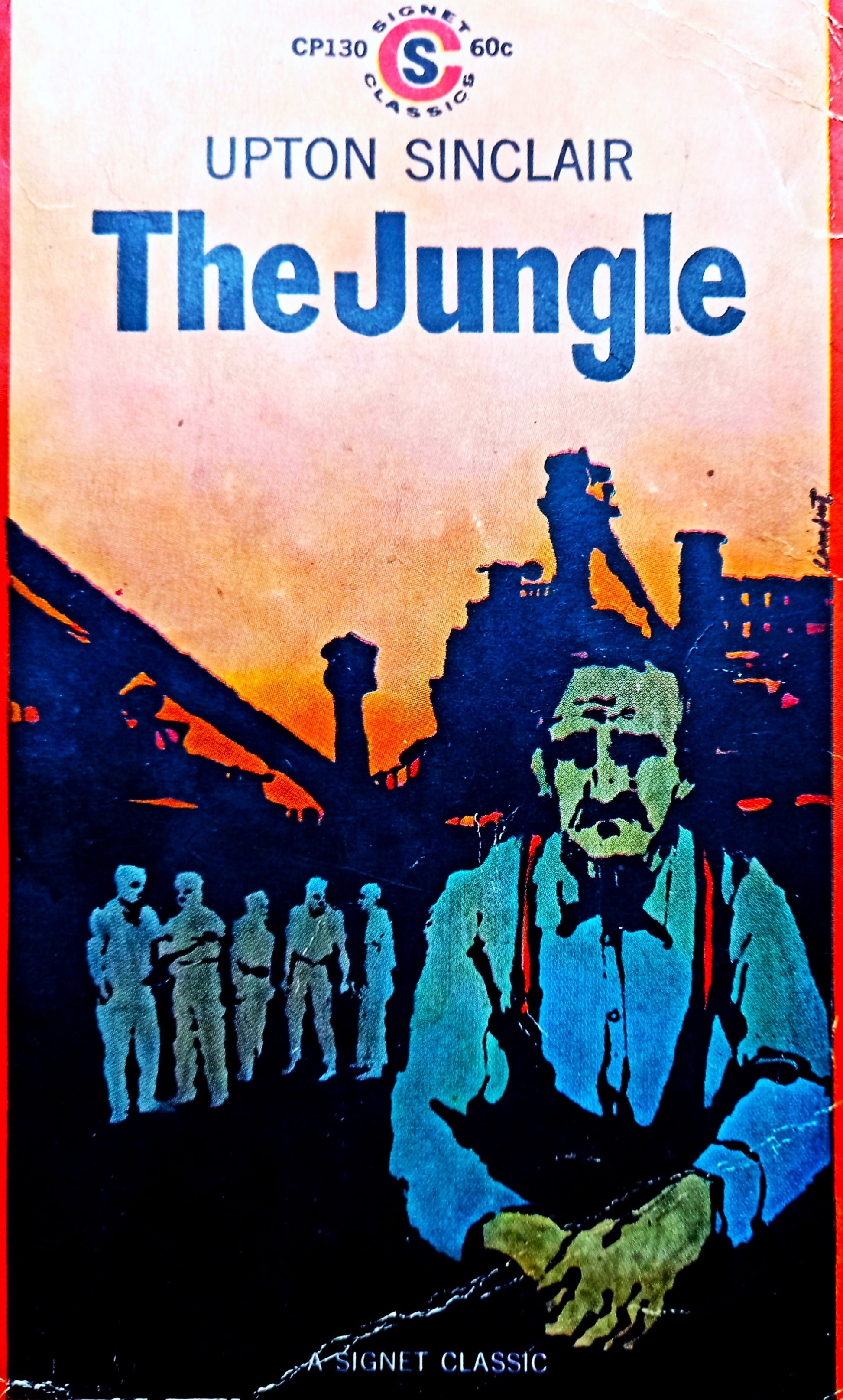 Cover of the book 'The Jungle' by Upton Sinclair, depicting a stylized illustration of a factory and a character in the foreground.