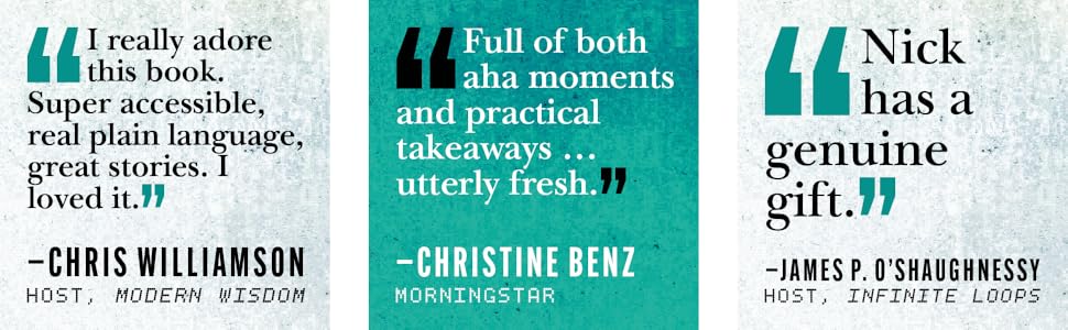 Three reviews of Book titled 'Just Keep Buying' names and quotes giving praise for the book, on a white background.