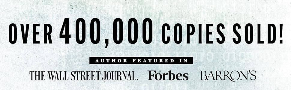 Promotional banner for book 'Just Keep Buying' with text about book sales and media appearances on a textured background