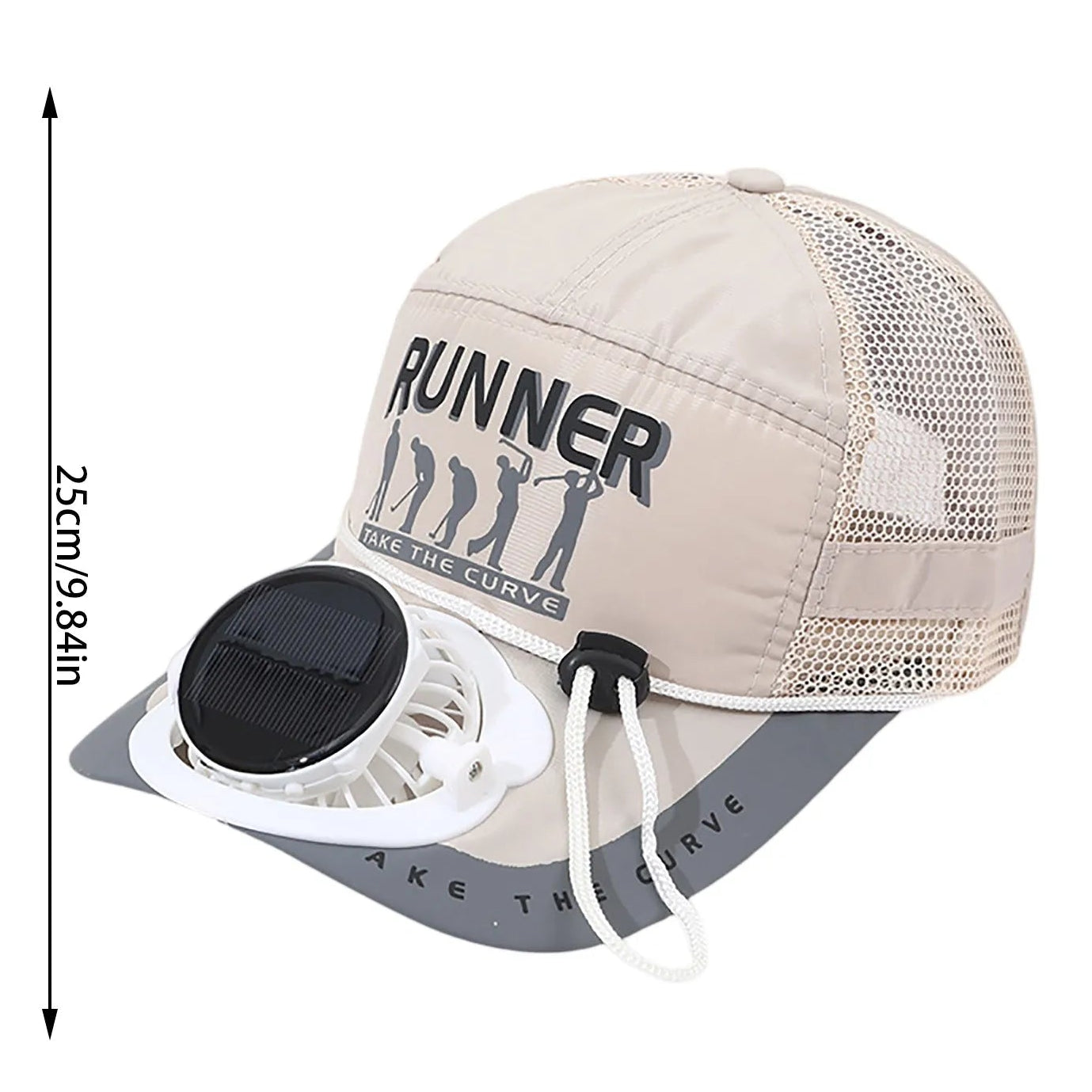 Beige cap with solar fan attachment and 'Runner' text on a white background