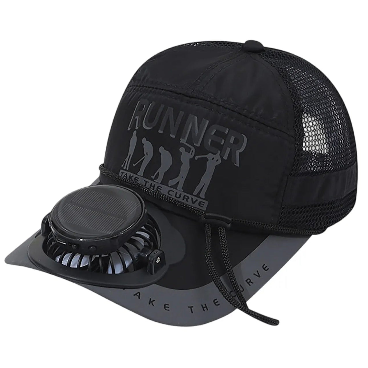 Black 'Keep Cool' cap with a fan attached on a white background.