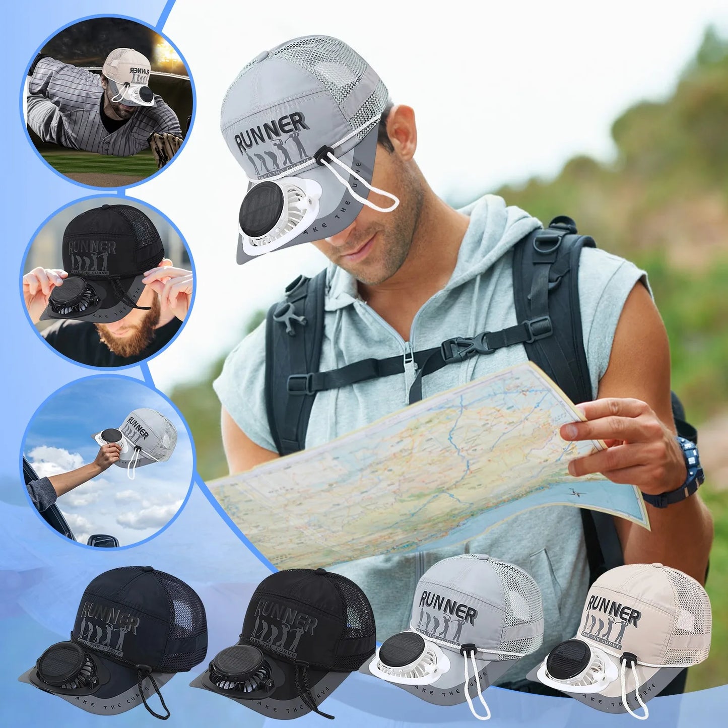 Man with a map wearing a cap with built-in fan, surrounded by additional caps with fans on a blue gradient background.
