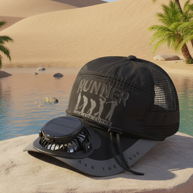Black 'Keep Cool' Breeze Brim baseball cap with fan visor and desert oasis background.