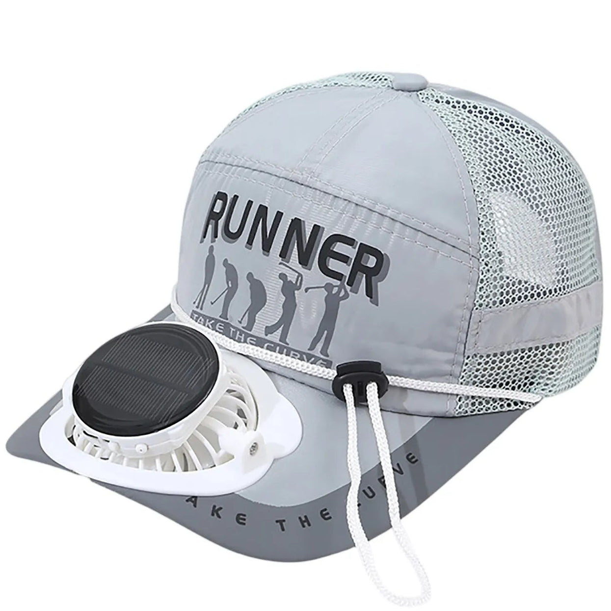 Grey 'Keep Cool' baseball breeze cap with solar fan attachment on a white background