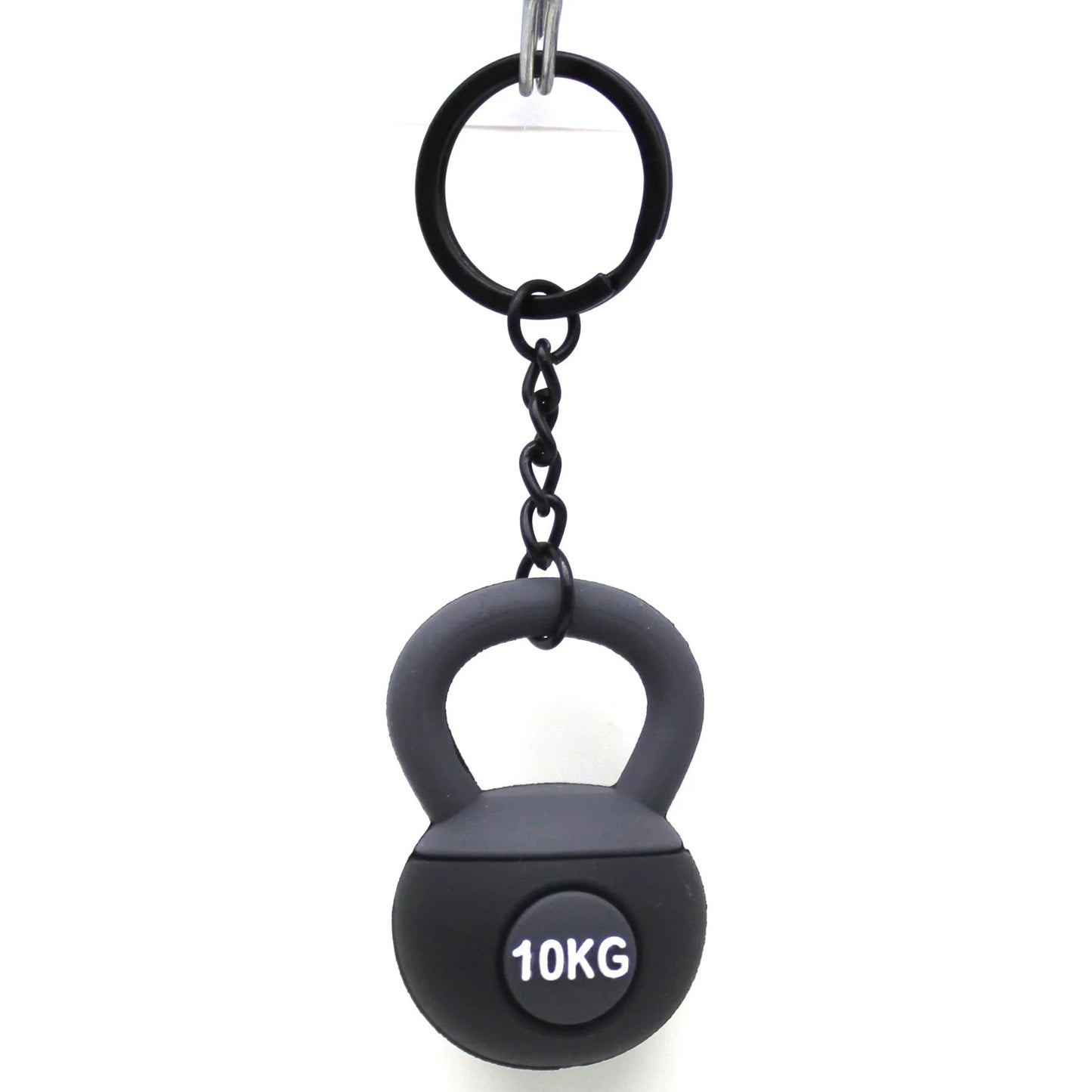 Black 10KG kettlebell keychain on a white background