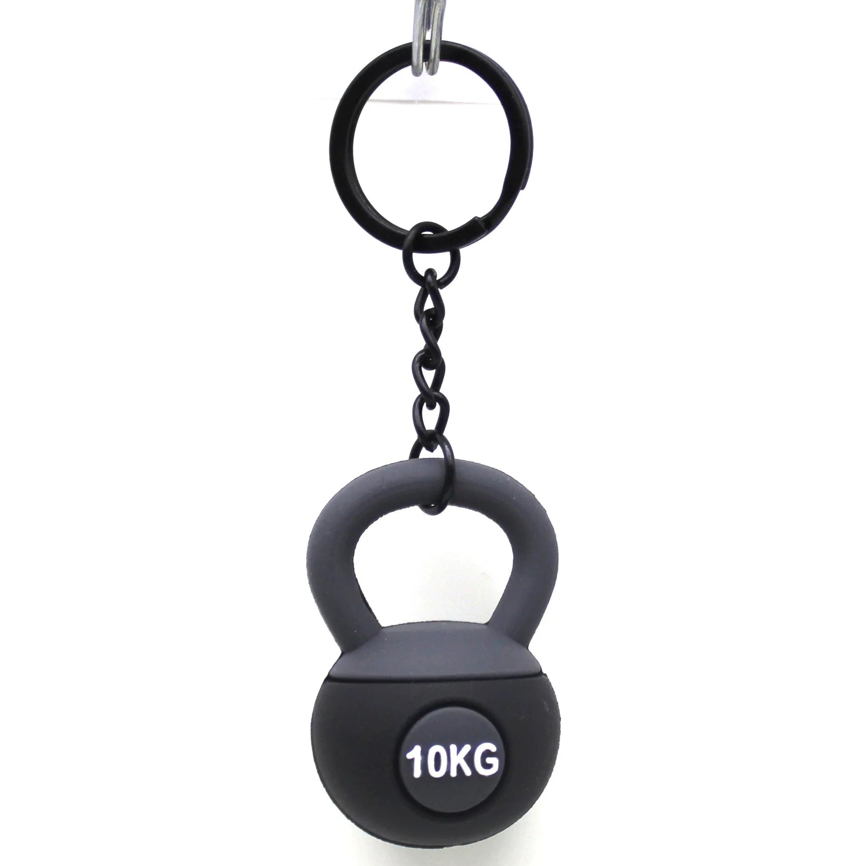 Black 10KG kettlebell keychain on a white background