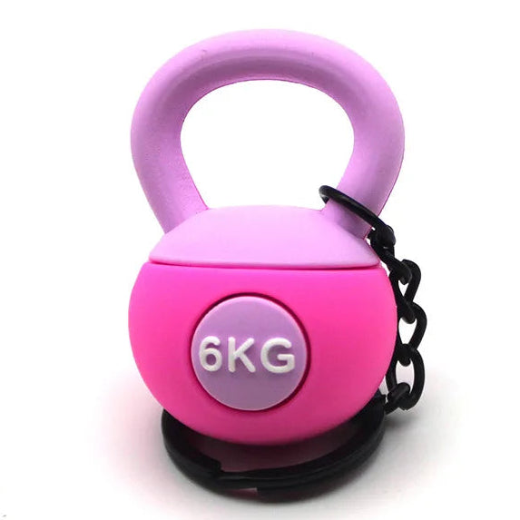 Pink and purple 6KG kettlebell keychain on a white background