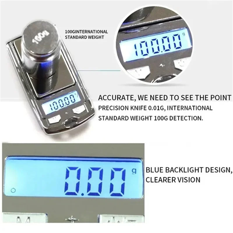 Digital pocket scale with blue backlight and measurement details.