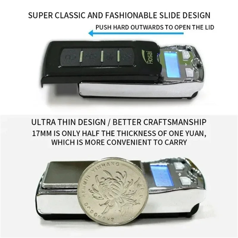 Small electronic digital scale with slide design and ultra-thin feature, compared to a coin for scale.