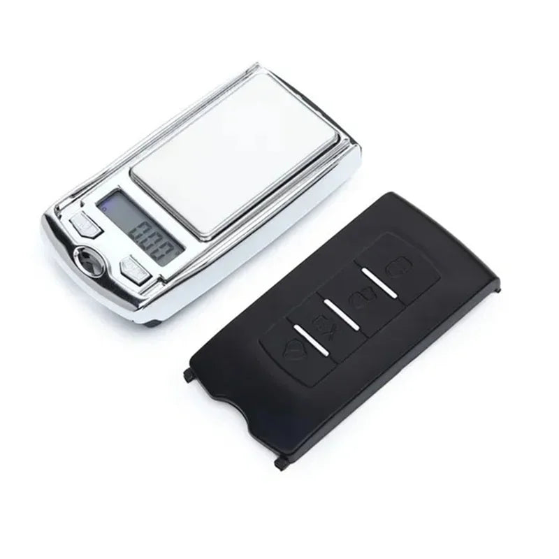 Digital pocket scale with a black cover on a white background