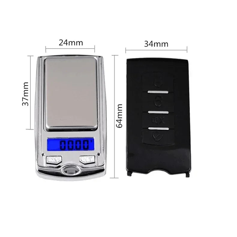 Digital pocket scale with dimensions labeled on a white background