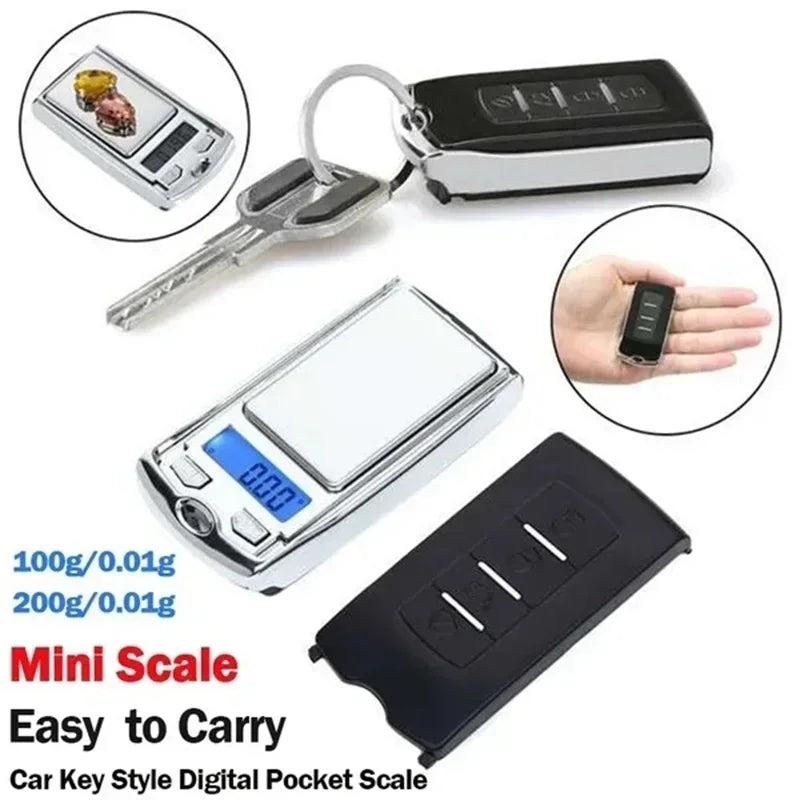 Car key style digital pocket scale with keychain attachment on a white background