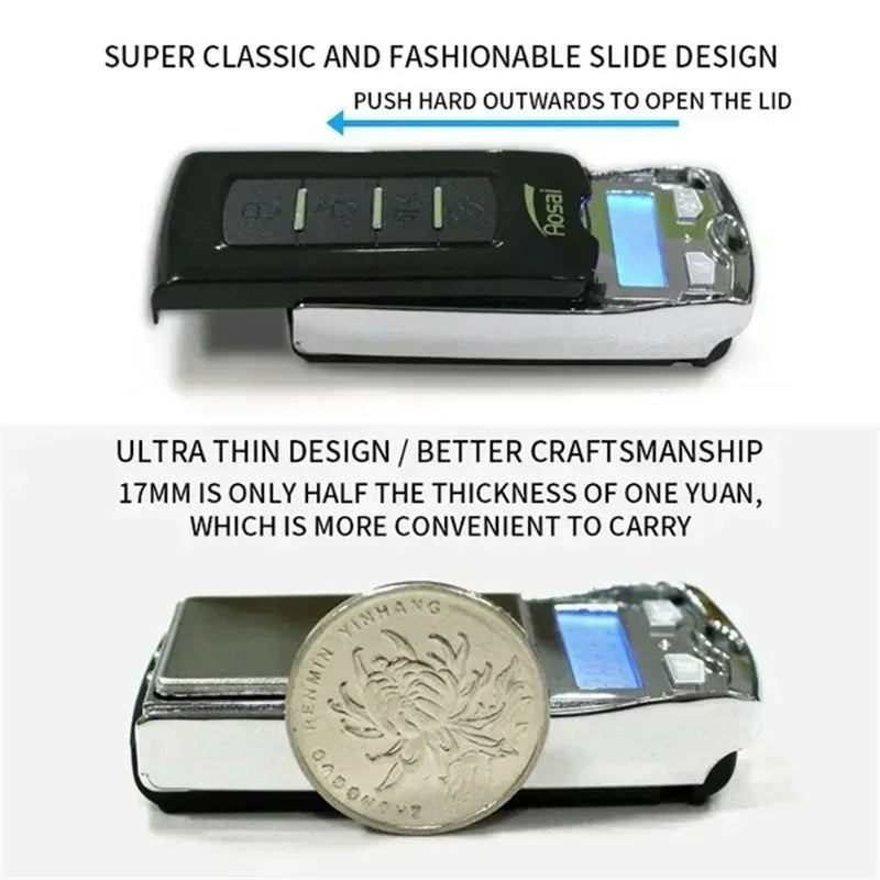 Small electronic device with slide design and thinness compared to a coin
