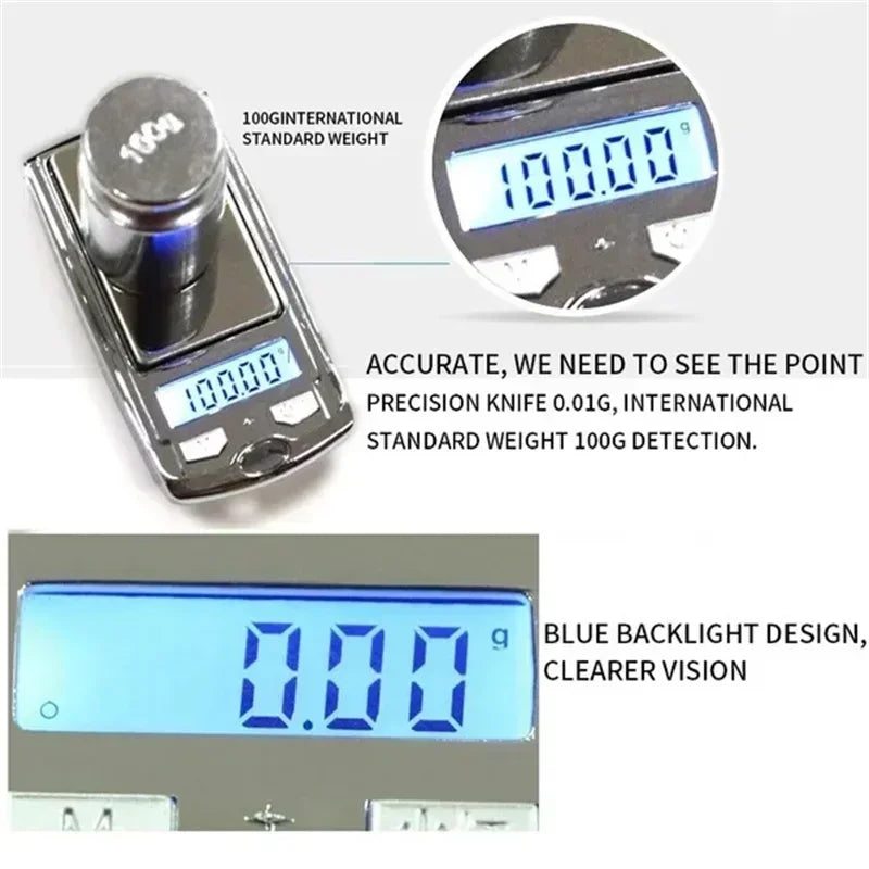 Digital pocket scale with blue backlight displaying weight measurements.