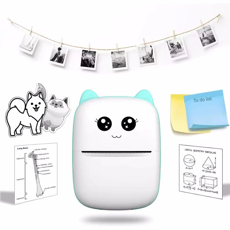 Small white printer with cartoon kitten face surrounded by printed sheets and notes on a white background