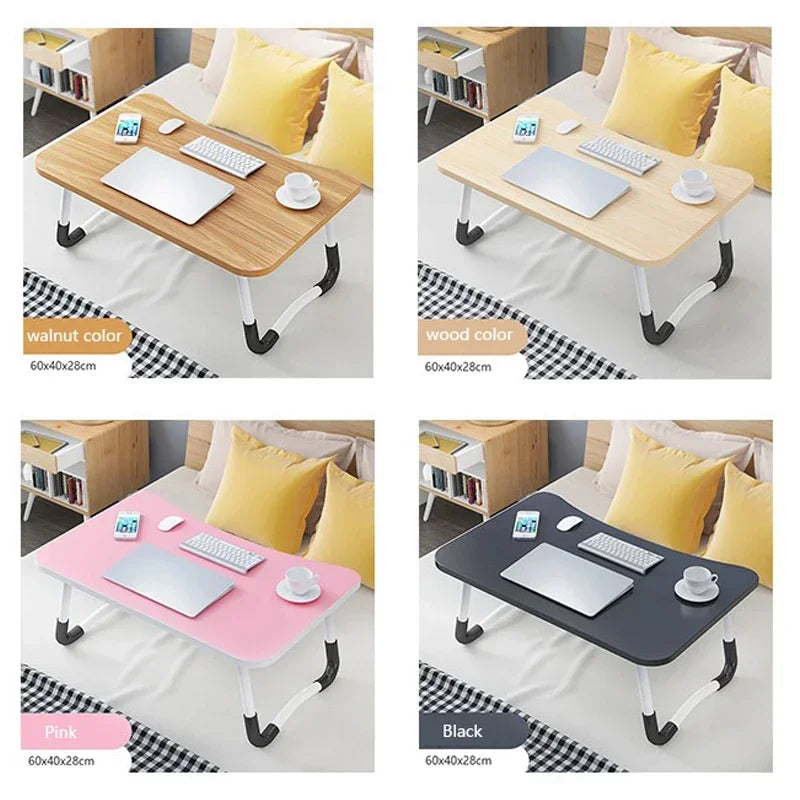Collage of a portable folding table in various colors with laptop, keyboard, and cup on top.