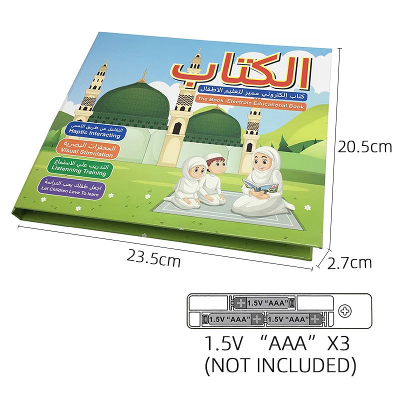 Educational book with cartoon characters and dimensions on a white background