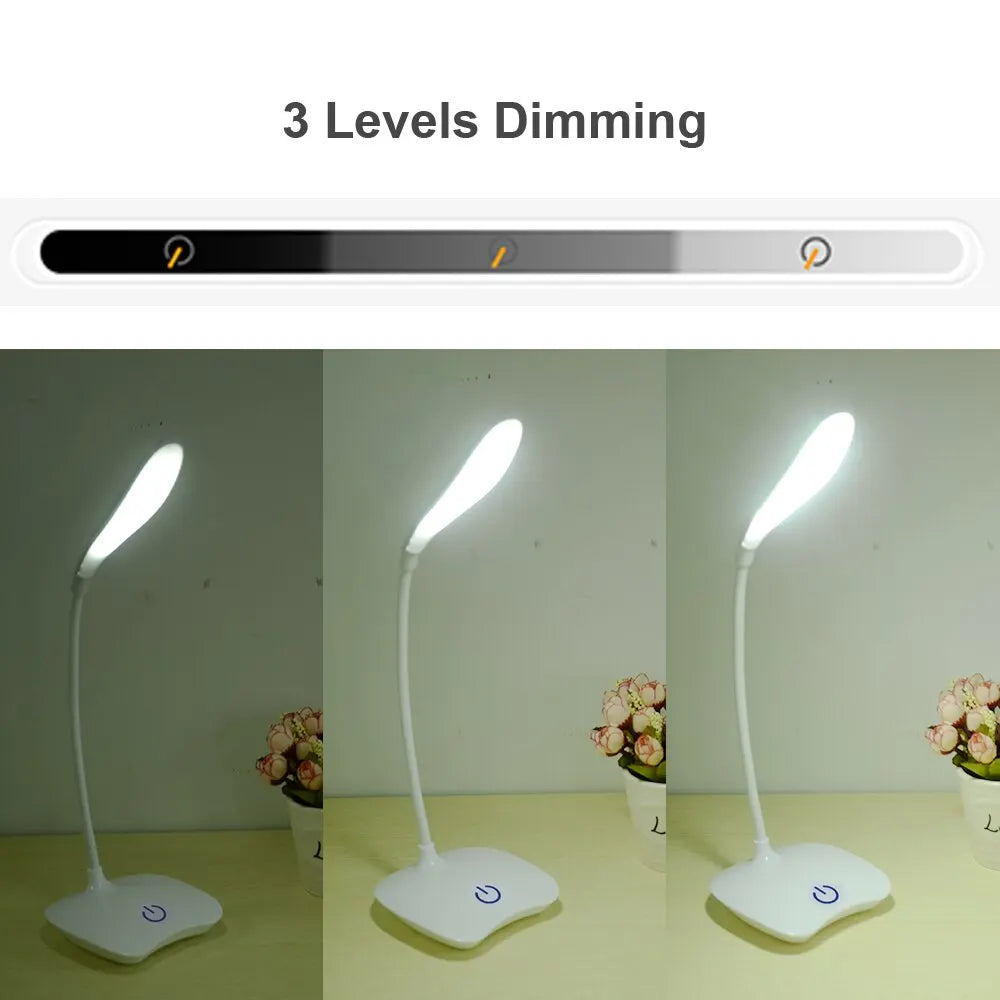 LED desk lamp with three levels of dimming on a white background