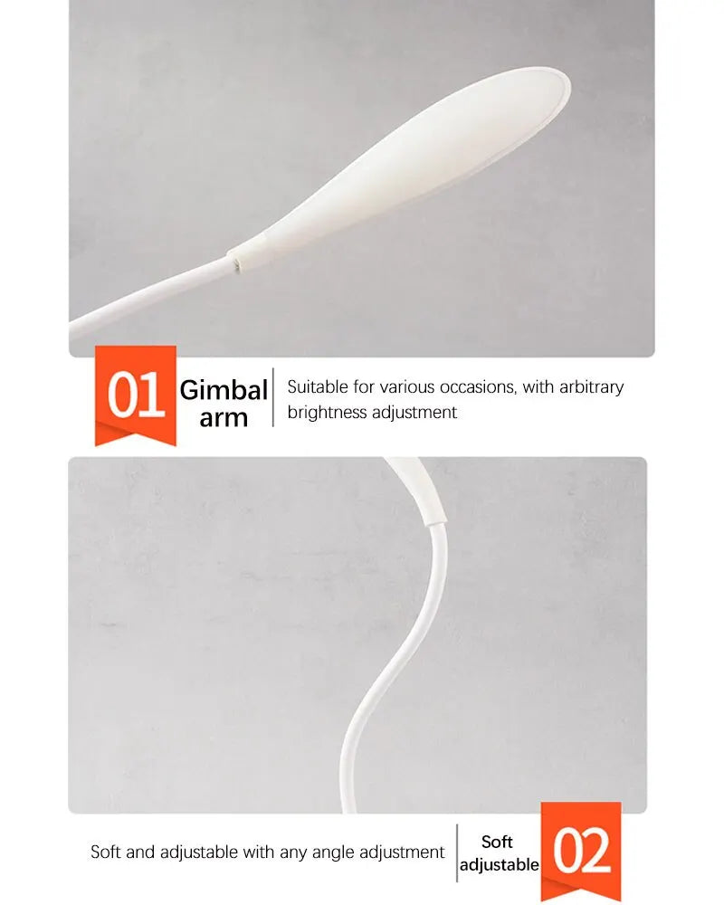 White gimbal arm on a gray background with text indicating adjustable features.