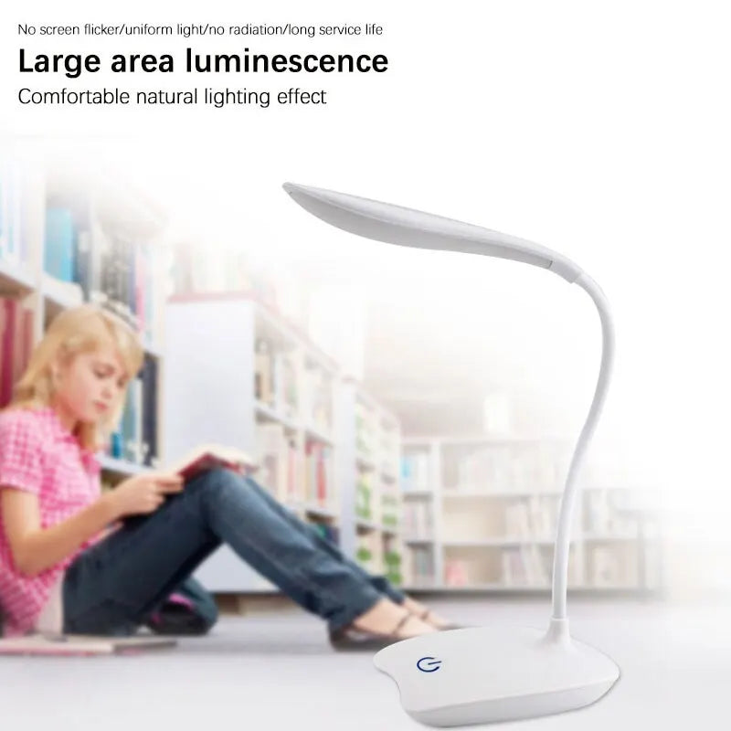 White LED desk lamp with a blurred background of a girl using a tablet.