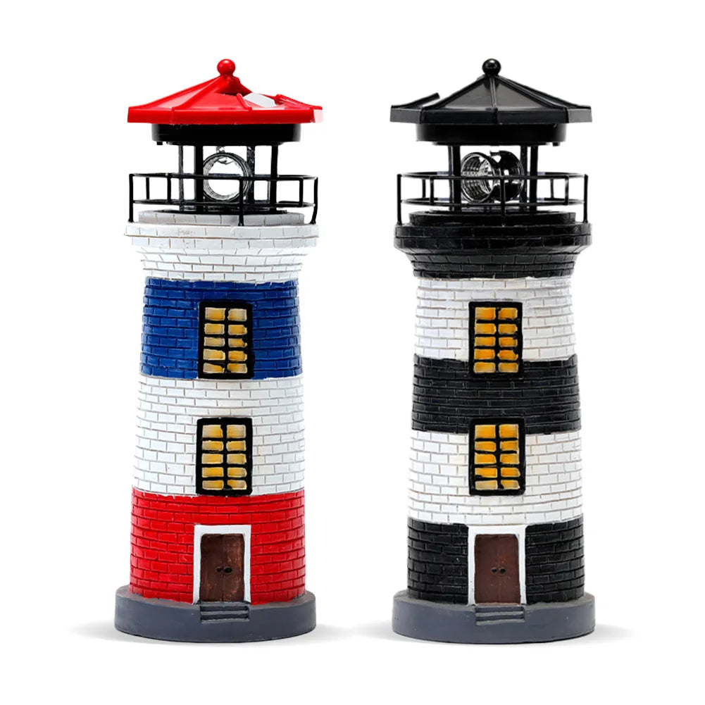 Two model lighthouses with red, white, and blue colors on a white background