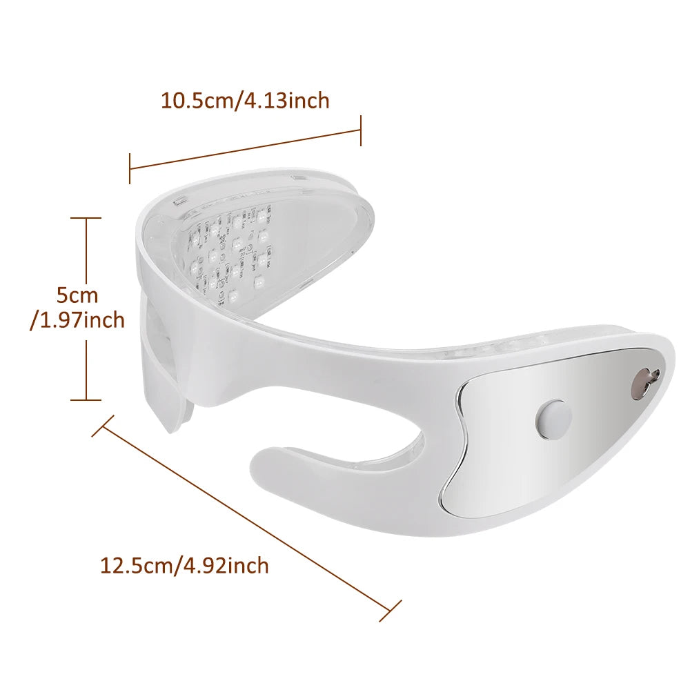 White LED red light eye mask with dimensions labeled on a white background