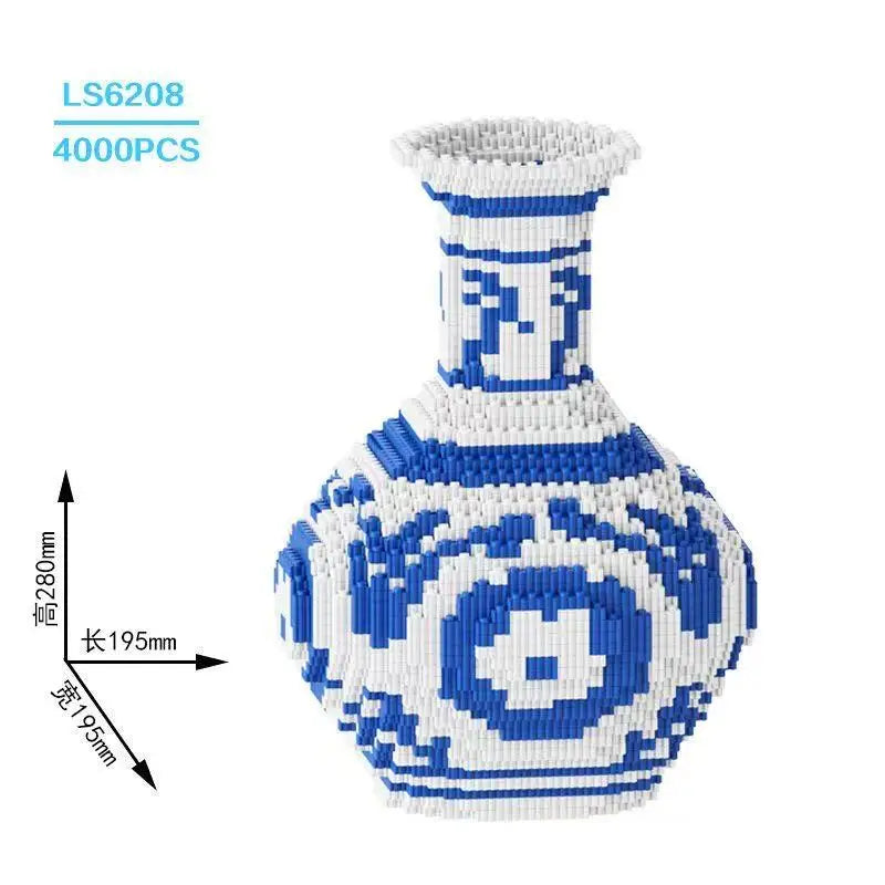 Blue and white block and brick building puzzle patterned vase with measurements on a white background