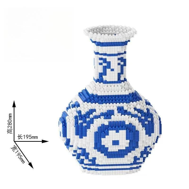 Blue and white patterned brick puzzle vase with measurements on a white background