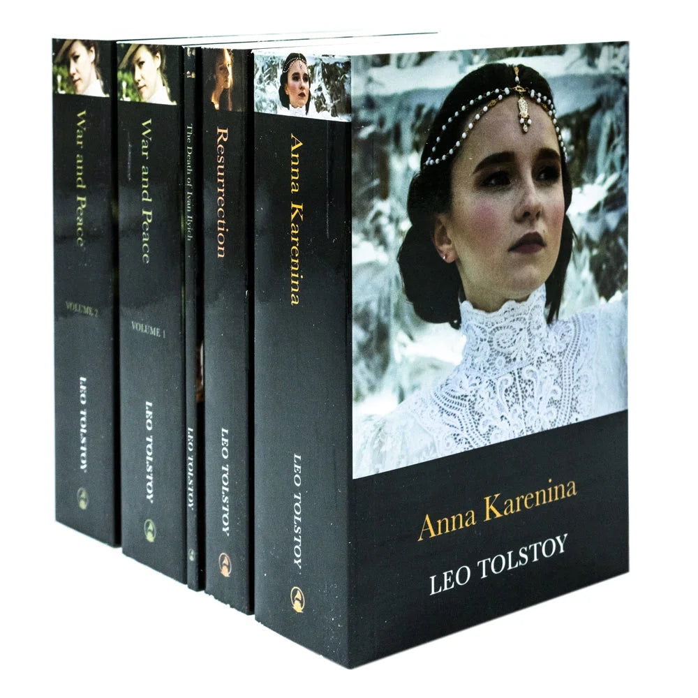 Book angled view of Book box set "Complete Leo Tolstoy Book Box-Set" displaying book spines and book case cover.